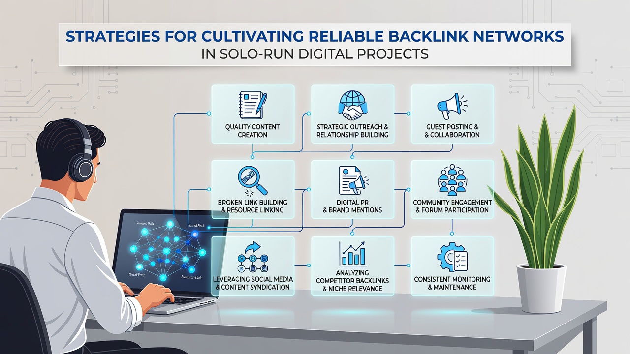 Visual representation of content-driven backlink growth in solo digital projects with graphs and connection examples